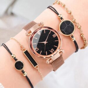 Women Luxury Fashion Watches with 4 Pcs Magnet Bracelet Set